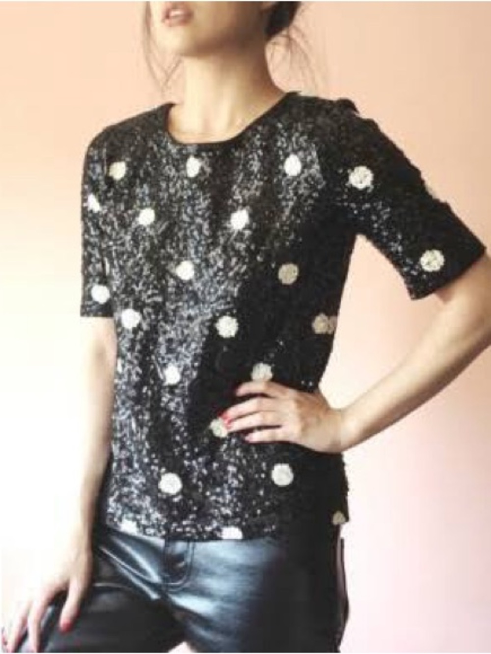 J. Crew Black Sequin Short Sleeve Top with Silver Polka Dots